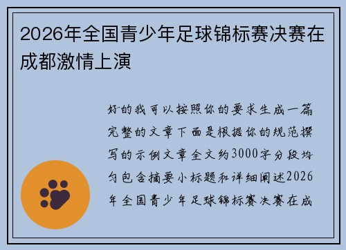 2026年全国青少年足球锦标赛决赛在成都激情上演